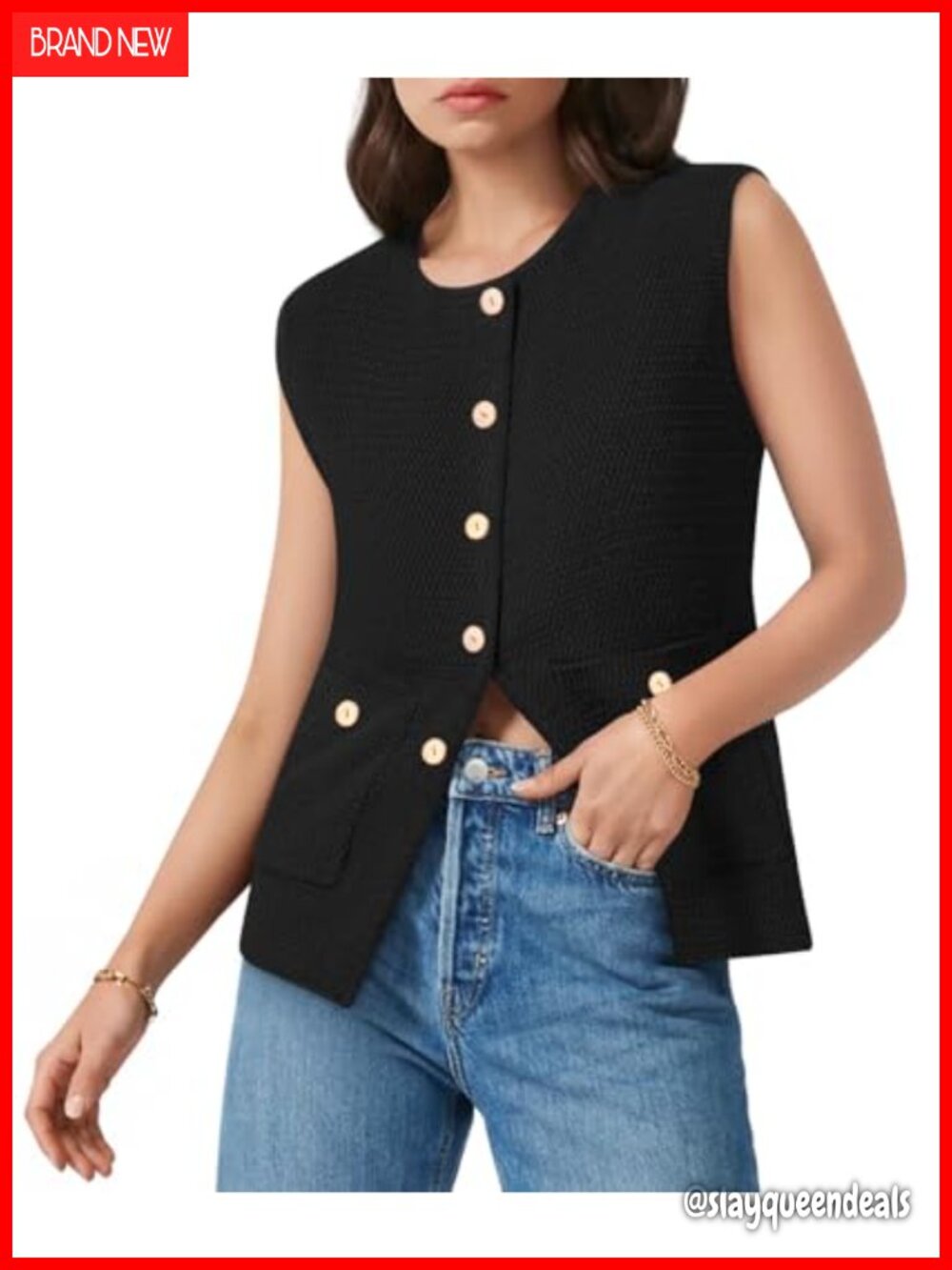 Womens Sweater Vest Sleeveless Button Down Knitted Tank Top with Pockets